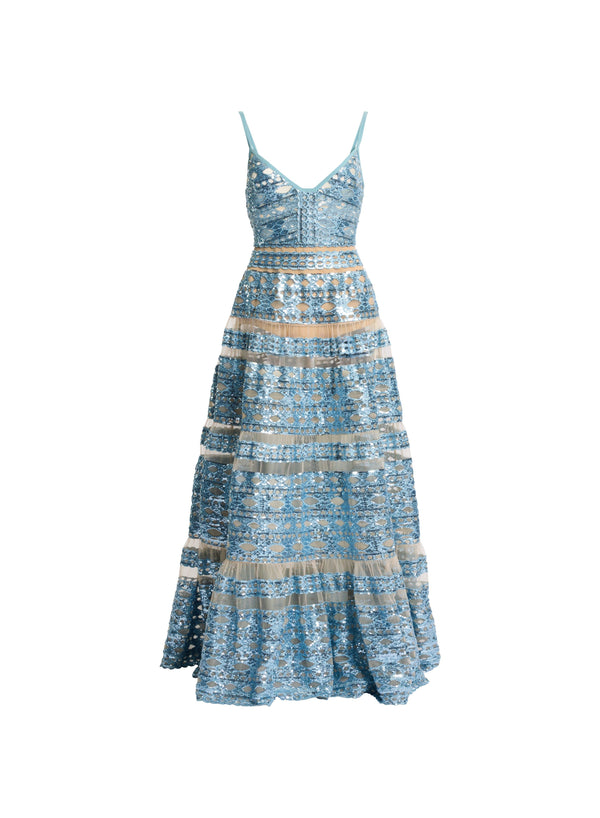 Elie Saab Tulle Embroidered Long Dress Cerulean Blue