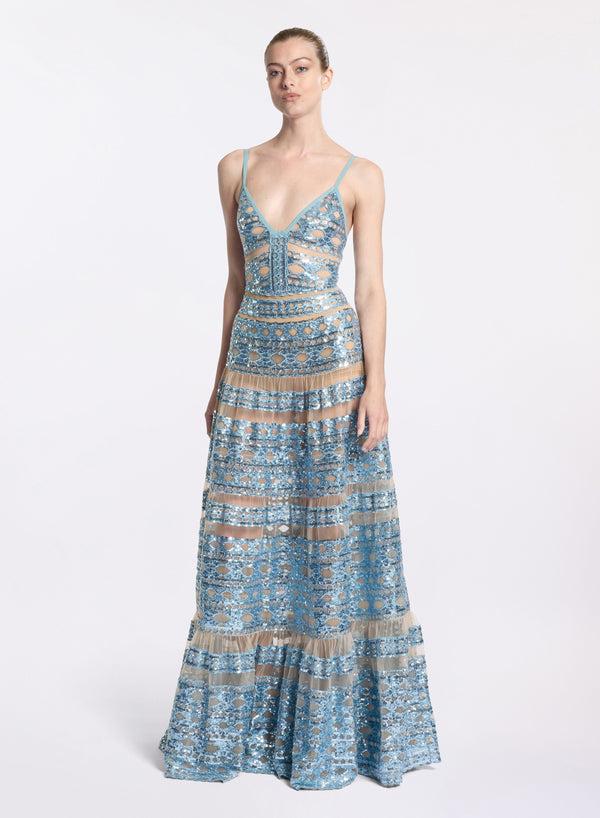 elie saab Tulle embroidered long dress Cerulean Blue
