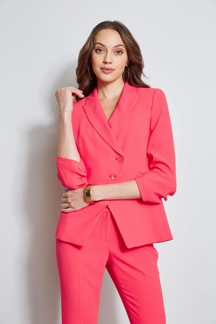 Elie Tahari 3 Button Ruched Sleeve Blazer WILD STRAWBERRY