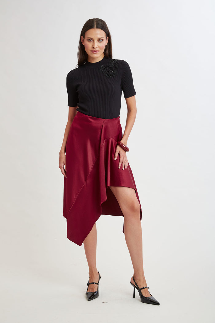Elie Tahari Asymmetric Hem Satin Midi Skirt SANGRIA
