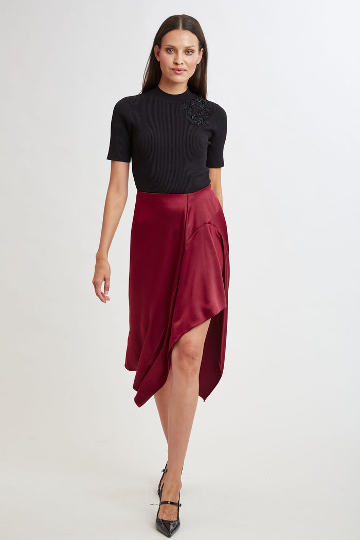 Elie Tahari Asymmetric Hem Satin Midi Skirt SANGRIA