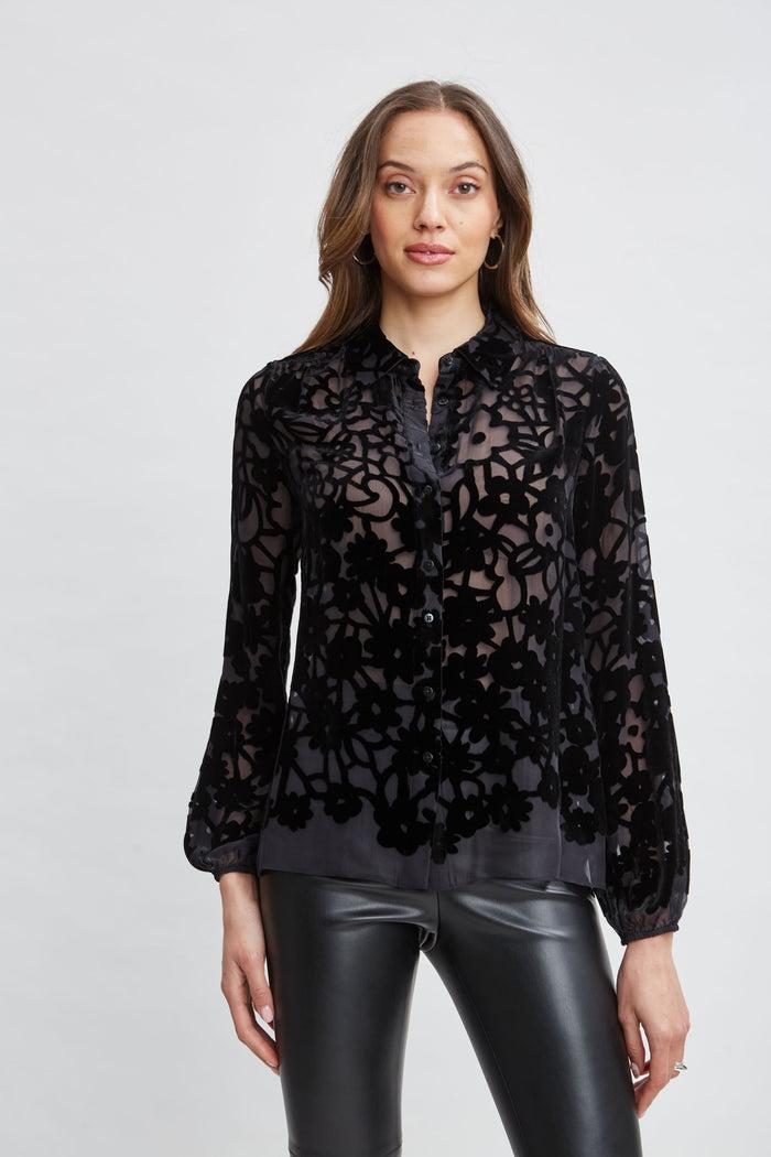 elie tahari Burnout Silk Velvet Burnout Shirt BLACK