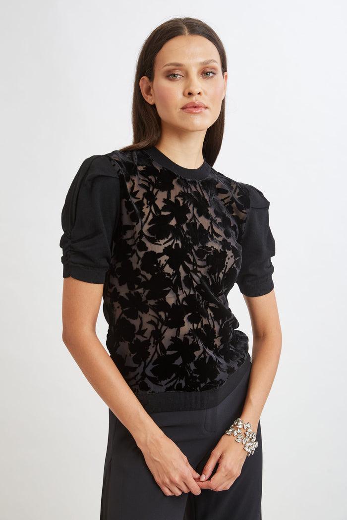Elie Tahari Burnout Velvet Short Sleeve Sweater BLACK