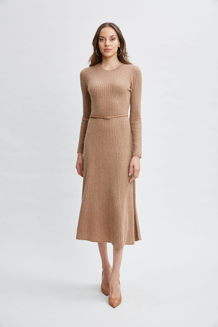 elie tahari Cashmere Long Sleeve Belted Dress SADDLE