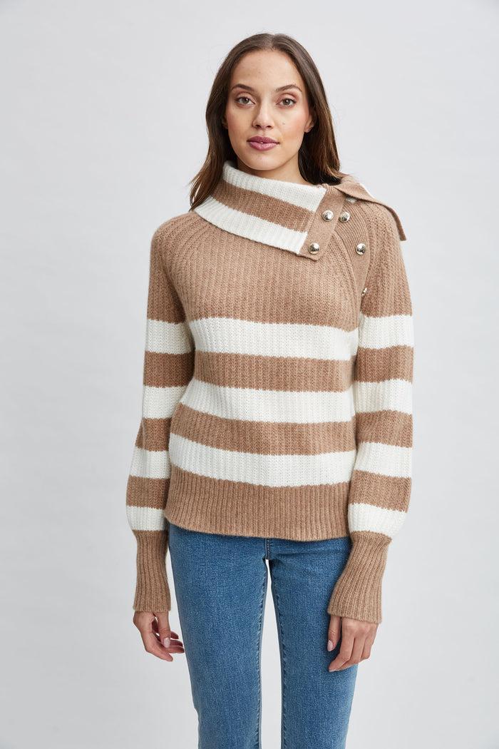 elie tahari Cashmere Stripe Sweater SADDLE/SKY WHITE