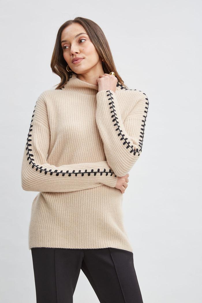 elie tahari Cashmere Whipstitch Sweater LIGHT SADDLE