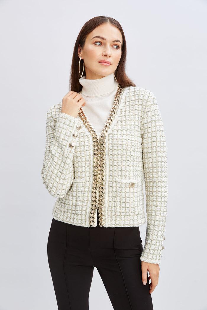 Elie Tahari Chain Trim Metallic Cardigan IVORY/GOLD LUREX