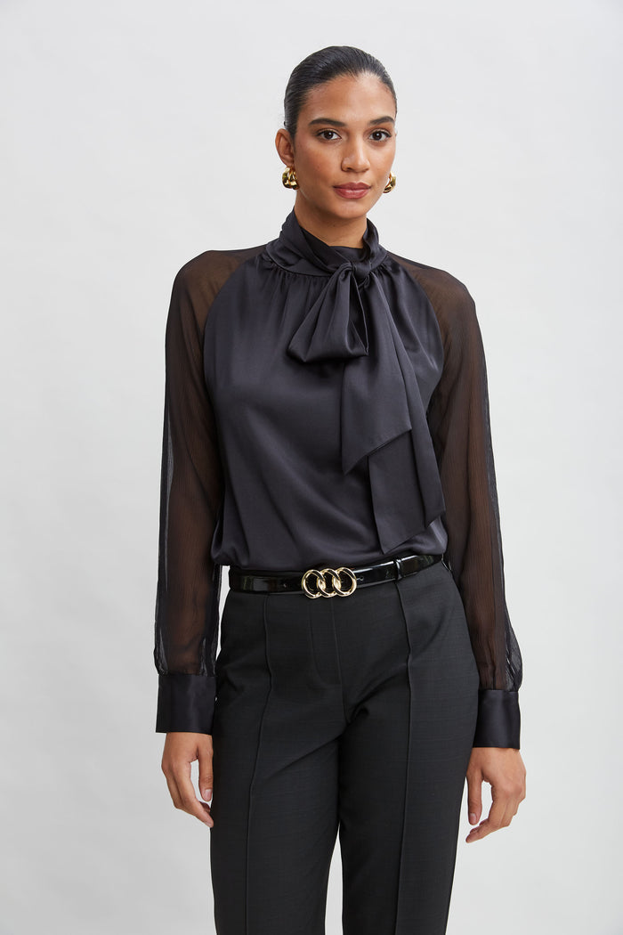 elie tahari Chiffon Sleeve Silk Satin Tie Shirt BLACK