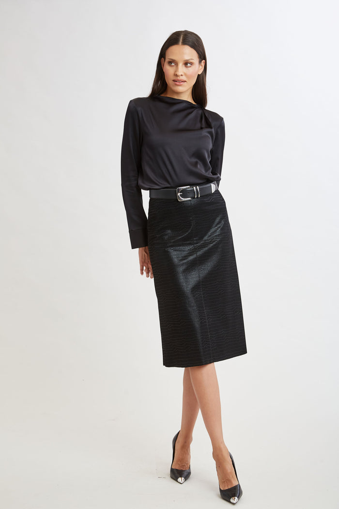 Elie Tahari Croco Embossed Vegan Leather Midi Skirt BLACK