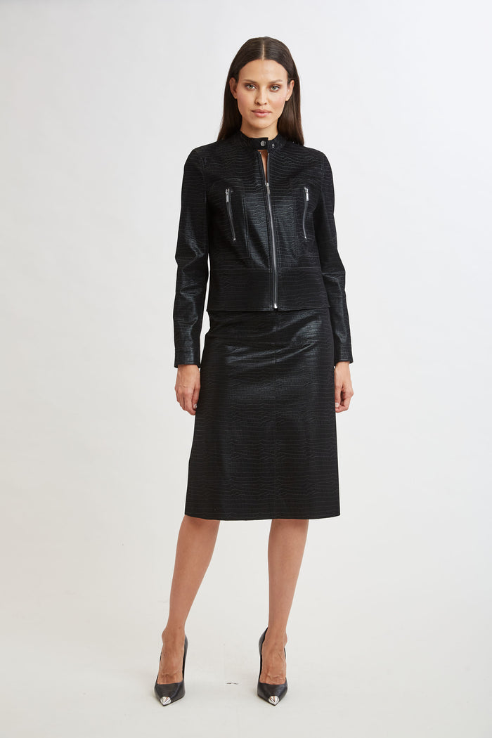 Elie Tahari Croco Embossed Vegan Leather Motto Jacket BLACK