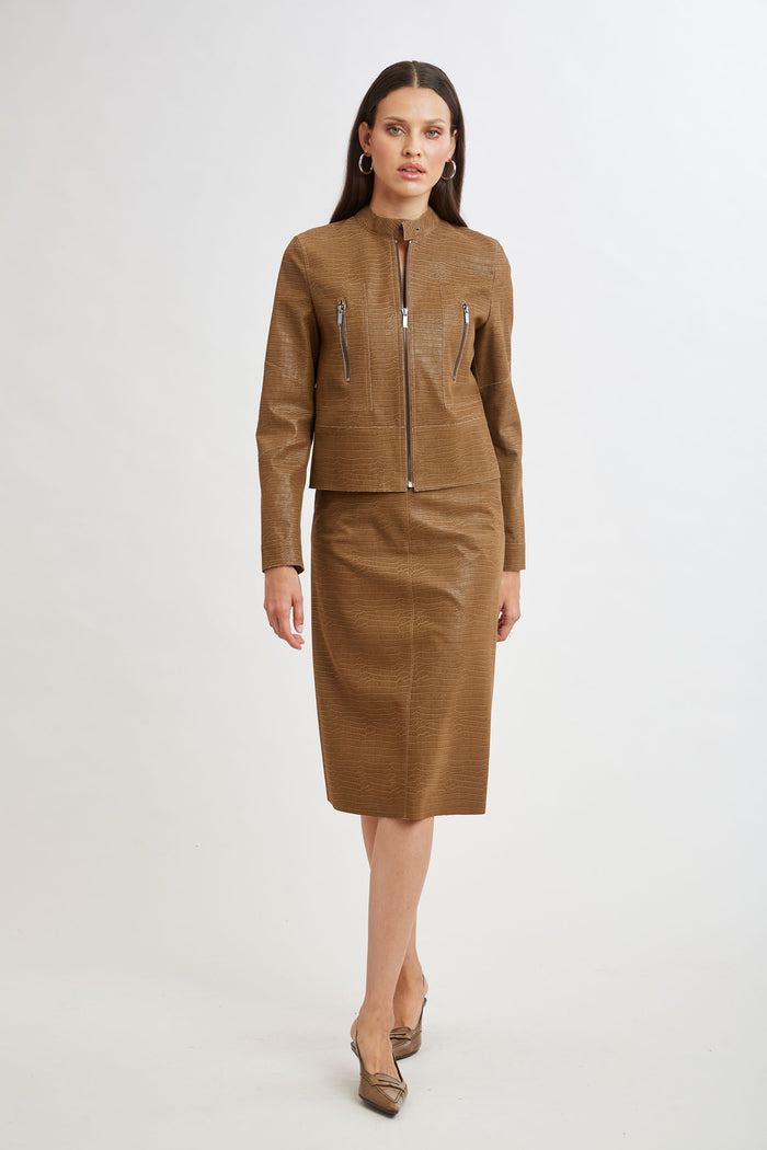 Elie Tahari Croco Embossed Vegan Leather Motto Jacket CARAMEL