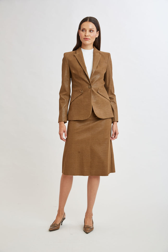 Elie Tahari Croco Embossed Vegan Leather Panel Blazer CARAMEL
