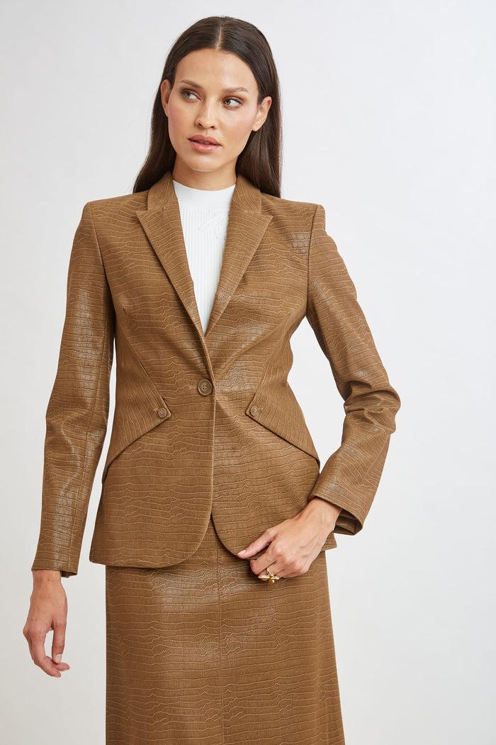 Elie Tahari Croco Embossed Vegan Leather Panel Blazer CARAMEL