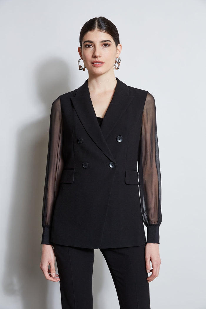 elie tahari Double Breasted Chiffon Sleeve Blazer BLACK
