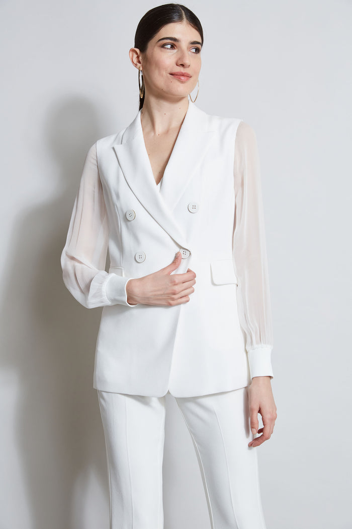Elie Tahari Double Breasted Chiffon Sleeve Blazer FOAM