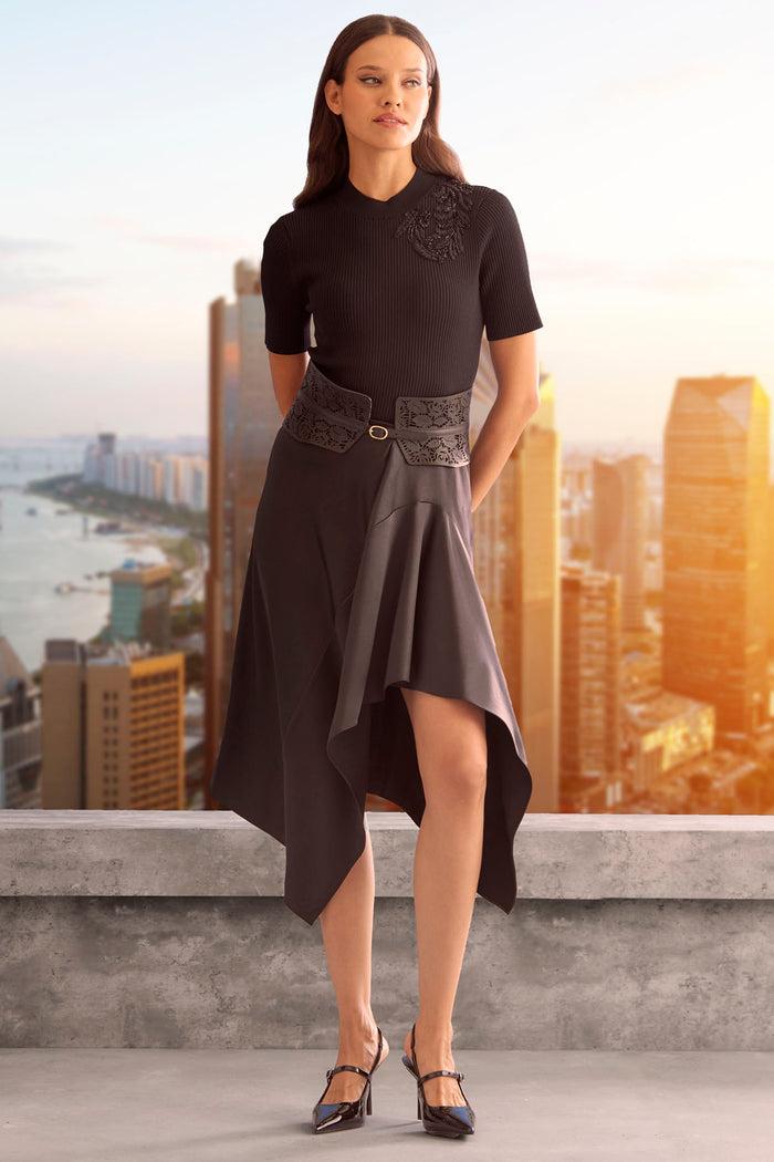 Elie Tahari Asymmetric Hem Satin Midi Skirt BLACK