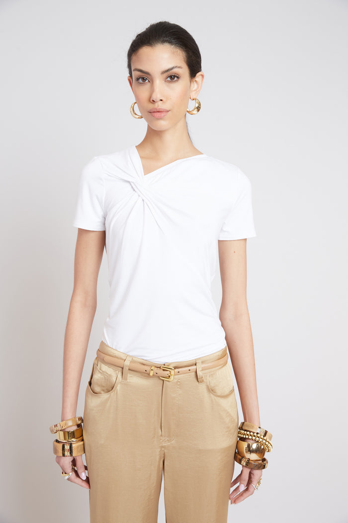 elie tahari Asymmetric Knot T-Shirt WHITE