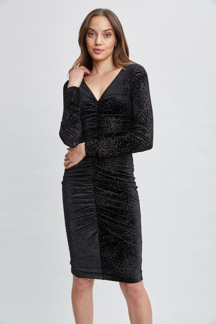 Elie Tahari Burnout Velvet Ruched Dress BLACK
