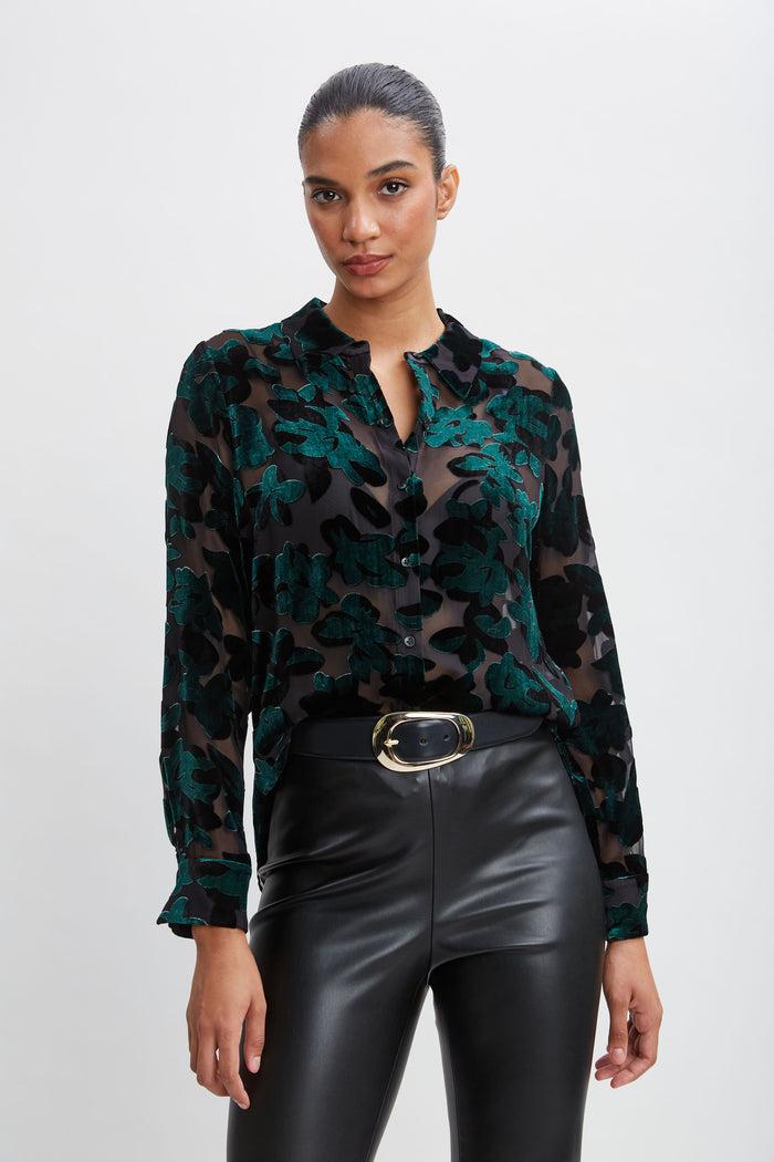 elie tahari Burnout Velvet Shirt FOREST GREEN