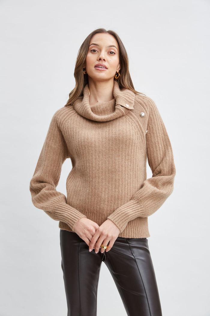 elie tahari Cashmere Button Sweater SADDLE
