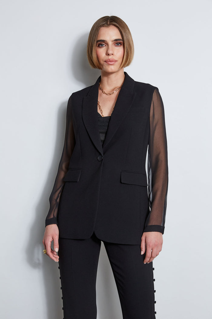 Elie Tahari Chiffon Combo Crepe Blazer BLACK