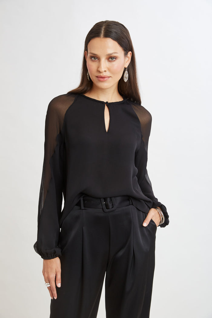 elie tahari Chiffon Combo Georgette Shirt BLACK