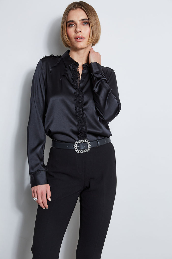 elie tahari Chiffon Ruffle Silk Satin Shirt BLACK