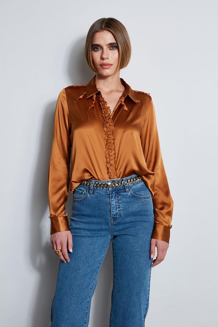 elie tahari Chiffon Ruffle Silk Satin Shirt COPPER