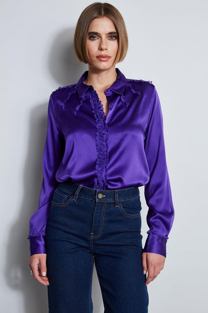 elie tahari Chiffon Ruffle Silk Satin Shirt GRAPE