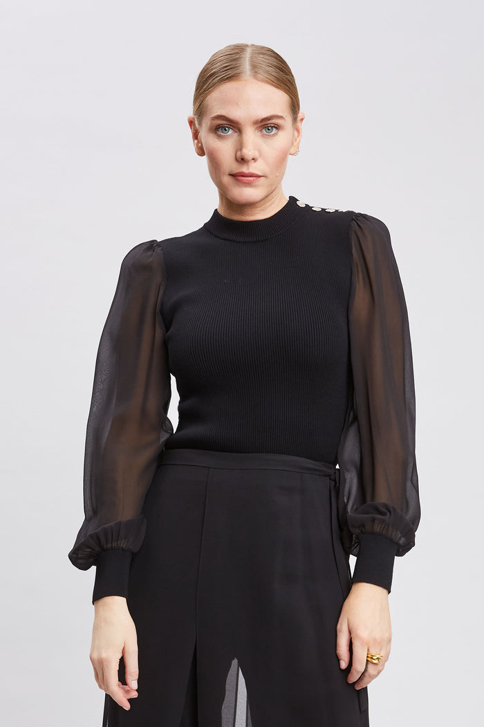 elie tahari Chiffon Sleeve Button Knit BLACK