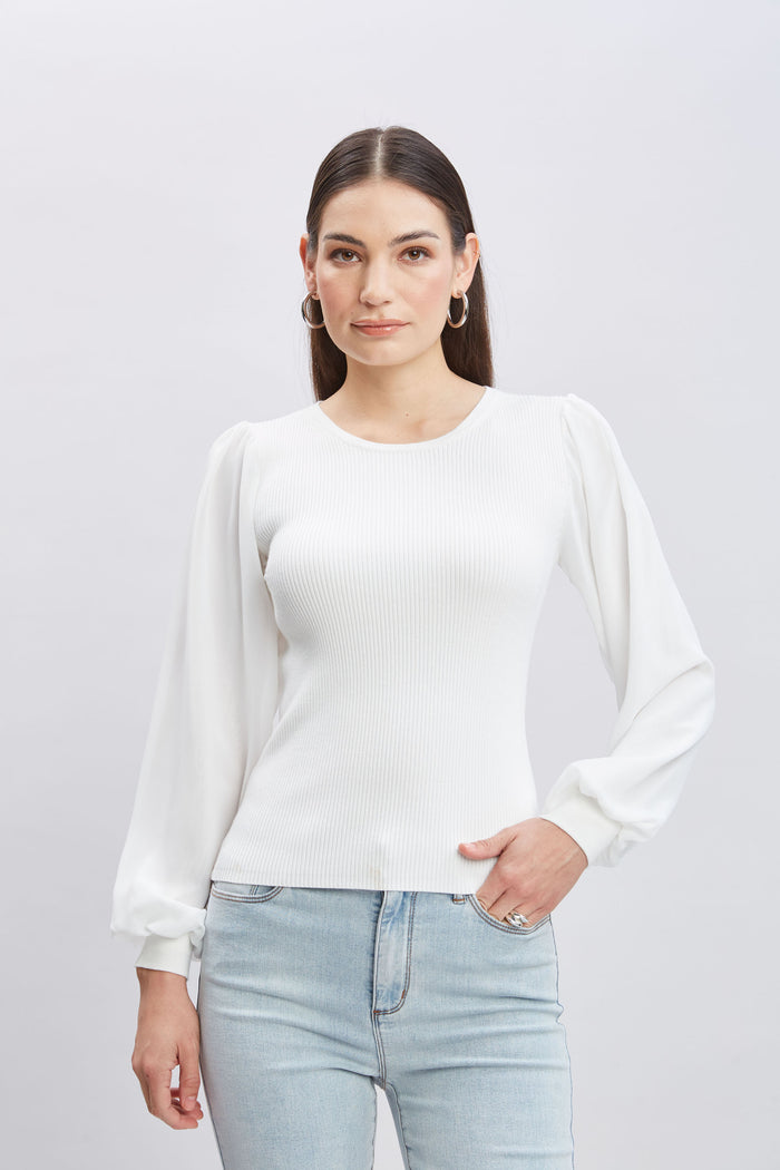 elie tahari Chiffon Sleeve Rib Sweater Sky White