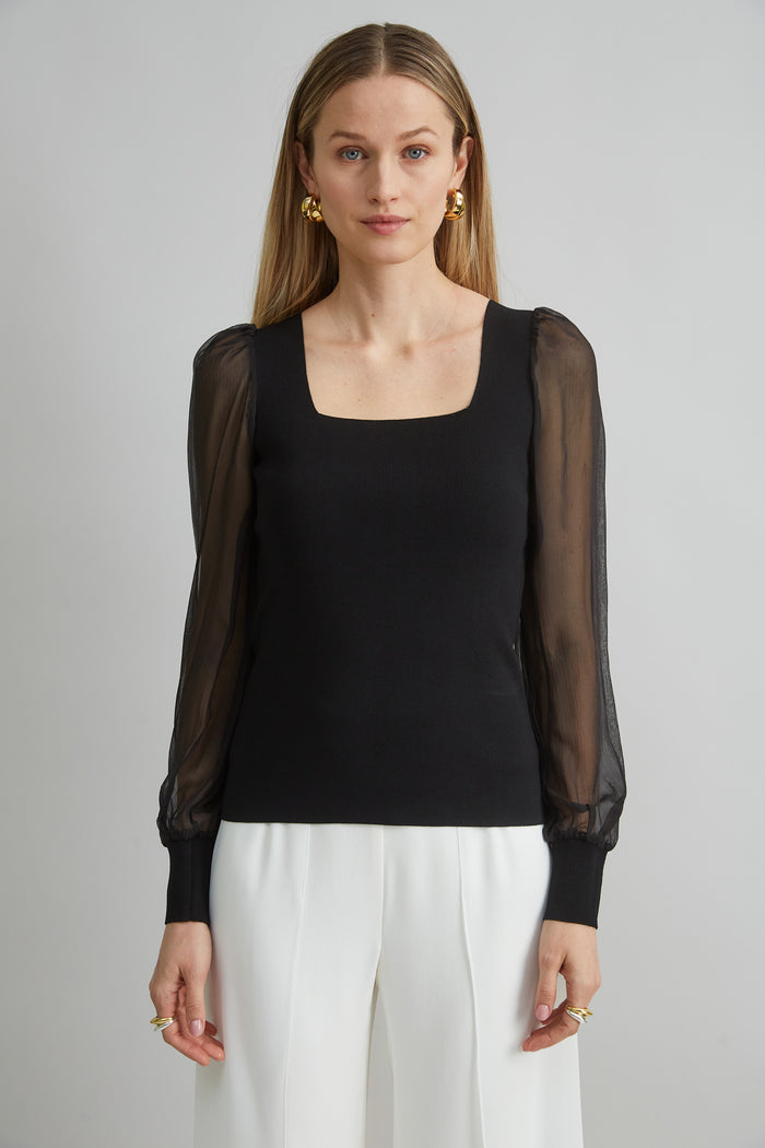 elie tahari Chiffon Sleeve Sweater BLACK