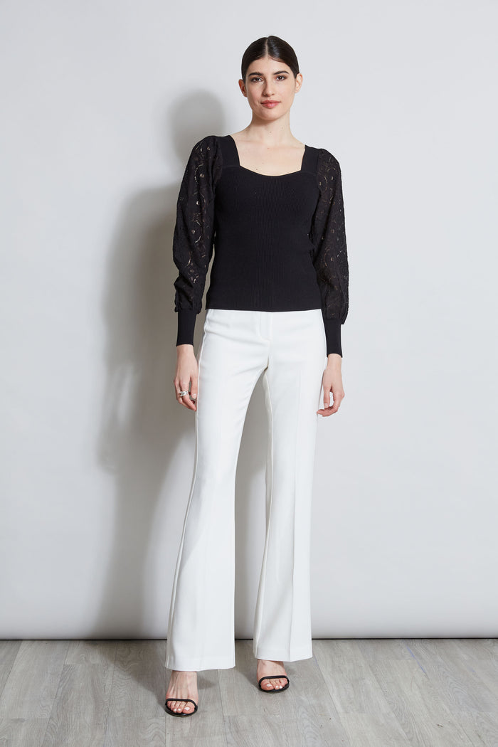 Elie Tahari Contour Neck Lace Sleeve Sweater NOIR