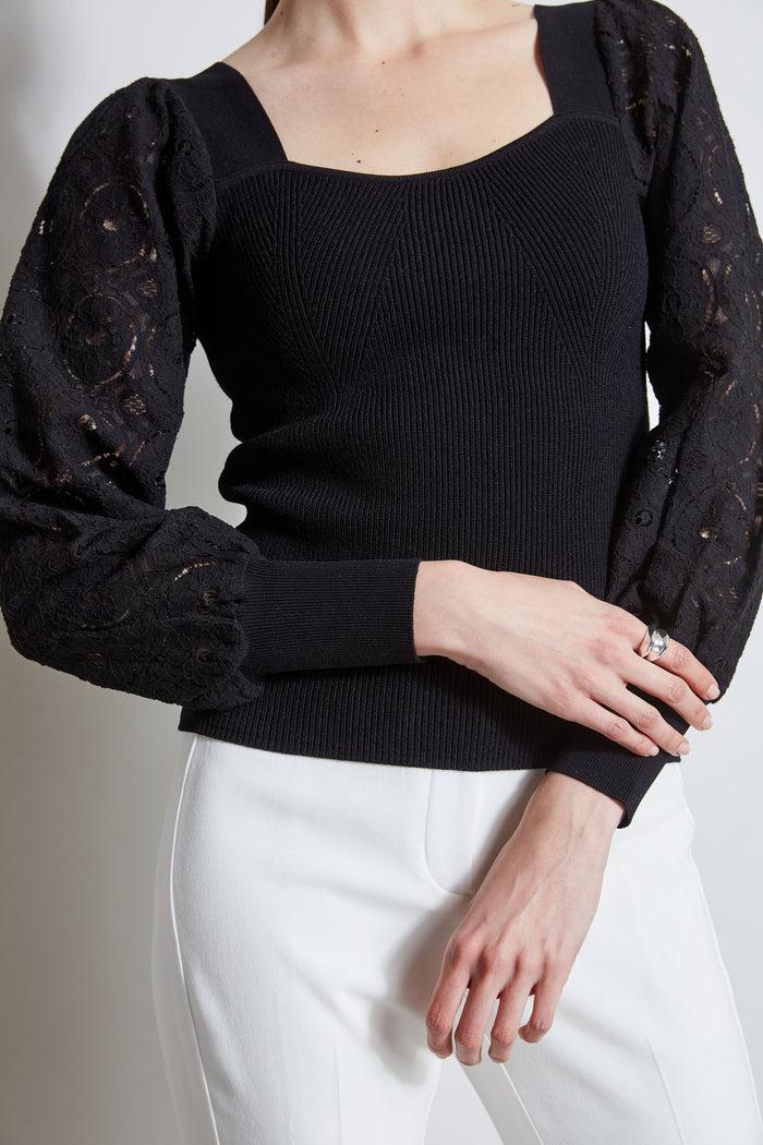 Elie Tahari Contour Neck Lace Sleeve Sweater NOIR