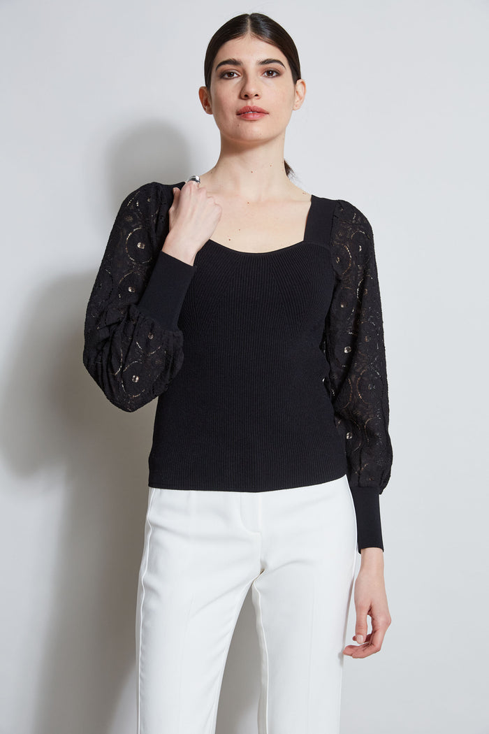 elie tahari Contour Neck Lace Sleeve Sweater NOIR