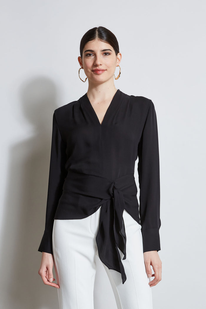 elie tahari Contour Side Tie Shirt BLACK