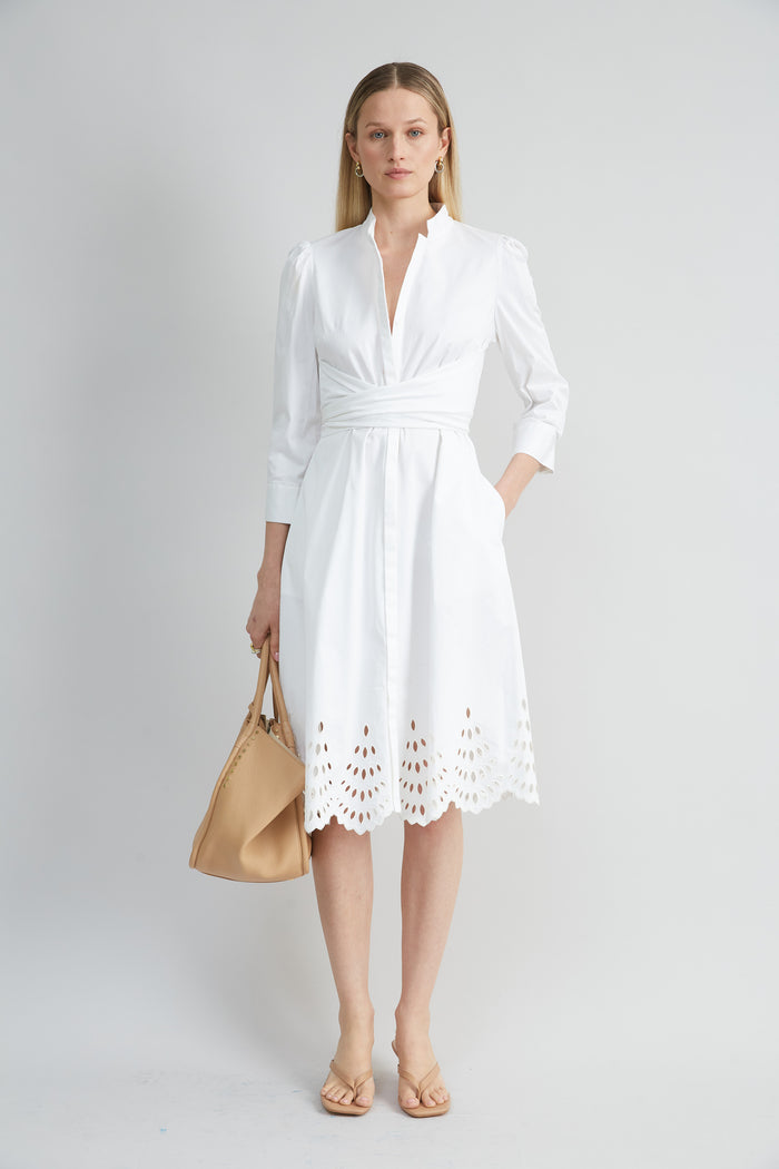 Elie Tahari Cotton Tie Embroidered Dress WHITE
