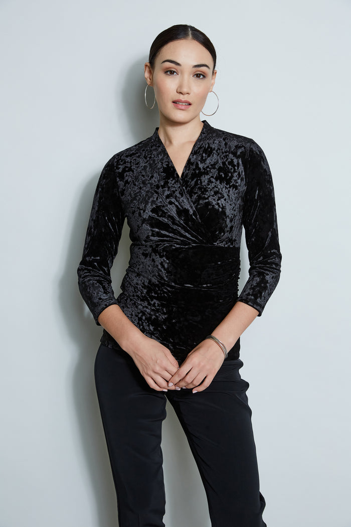 elie tahari Crushed Velvet Ruched Knit BLACK