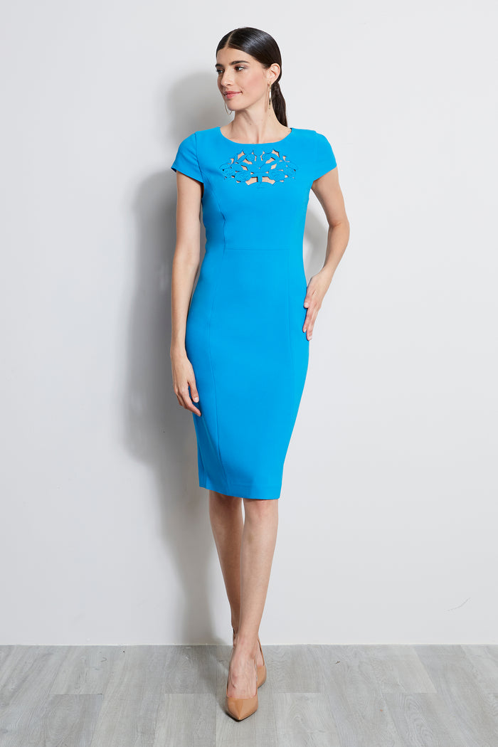elie tahari Cut Out Embroidered Dress PERSIAN BLUE