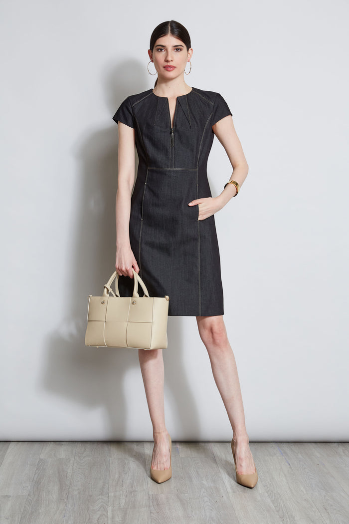 elie tahari Denim Fit & Flare Zip Dress BLACK