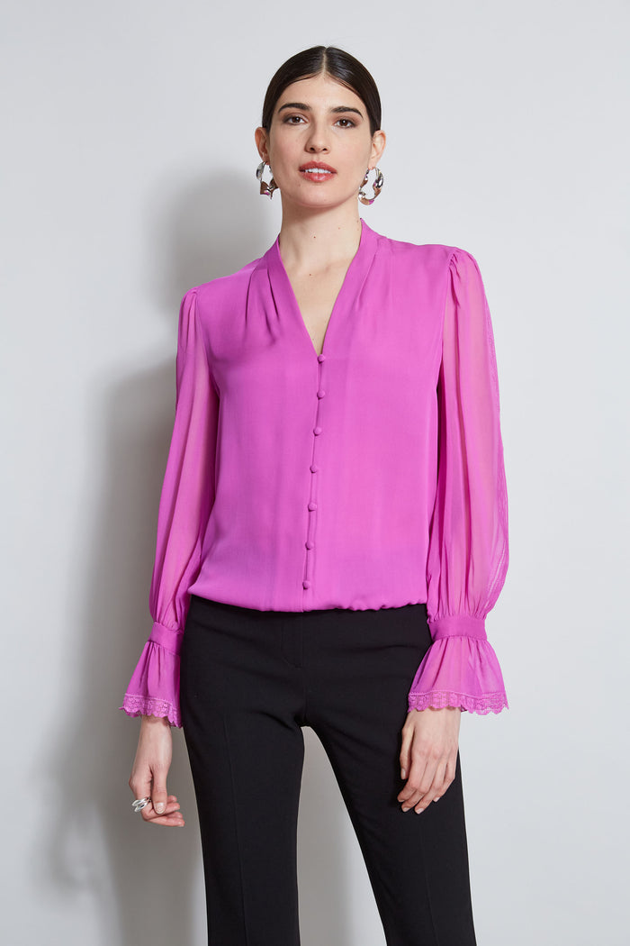 elie tahari Embroidered Sleeve Blouson Shirt PEONY