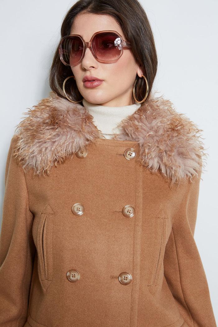 Elie Tahari Faux Fur Collar Peacoat CAMEL