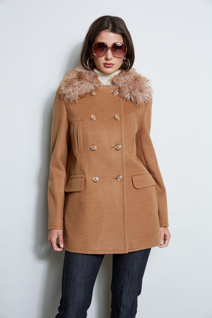 Elie Tahari Faux Fur Collar Peacoat CAMEL