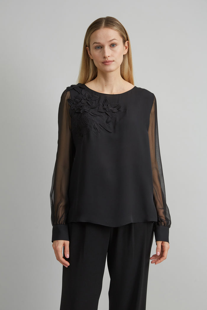 Elie Tahari Floral Applique Silk Shirt BLACK