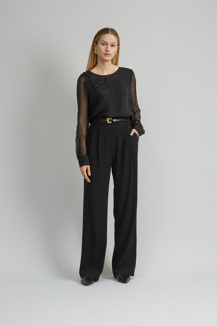 Elie Tahari Floral Applique Silk Shirt BLACK
