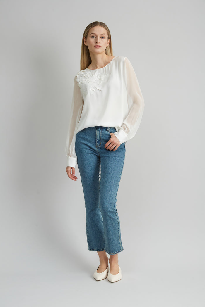 Elie Tahari Floral Applique Silk Shirt FRESH PEARL