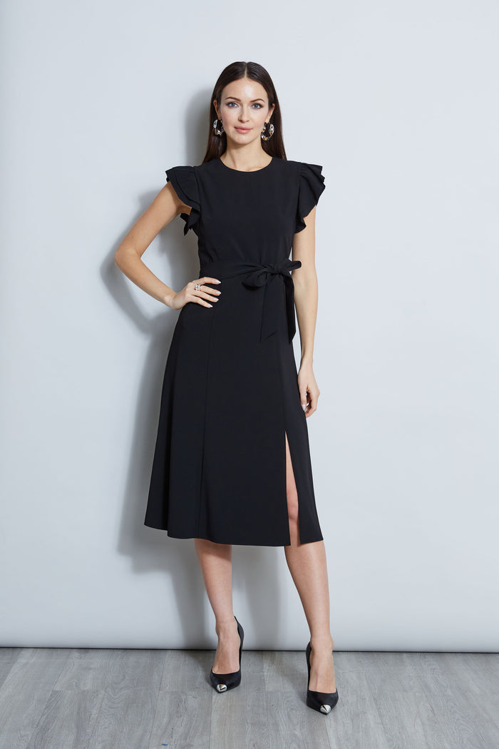 elie tahari Flutter Sleeve Midi Dress BLACK