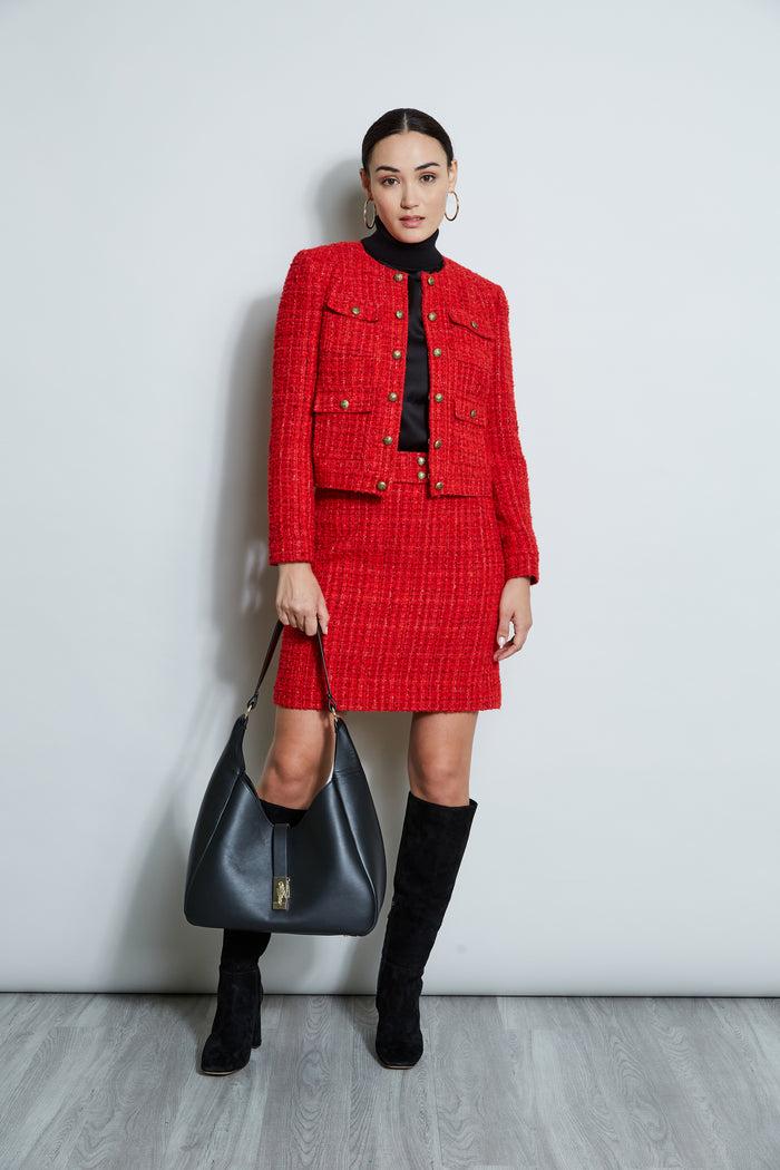 Elie Tahari French Tweed Button Jacket FLAME RED