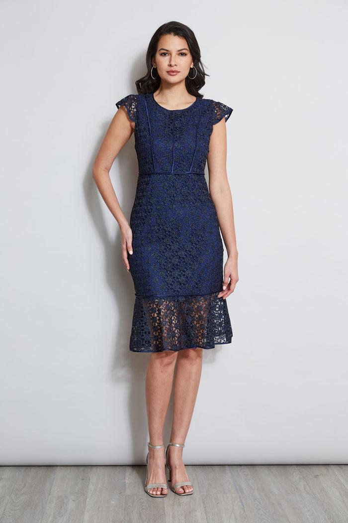 elie tahari Lace Flutter Sleeve Dress TWILIGHT