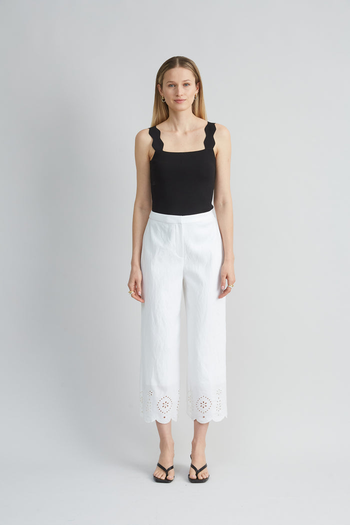 Elie Tahari Linen Scallop Hem Pant WHITE